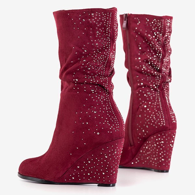 Bordowe damskie botki na koturnie z cyrkoniami Jilli - Obuwie