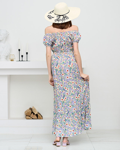 Ilga vasarinė žalia suknelė moterims su violetinėmis gėlėmis - Drabužiai