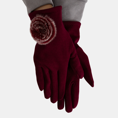 Бордовые женские перчатки с помпоном