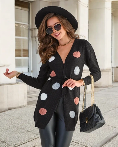 Moteriškas juodos spalvos megztinis megztinis su spalvotais kaiščiais - drabužiai