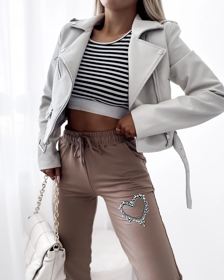 Женские светло-коричневые треники с украшением из циркония - Одежда