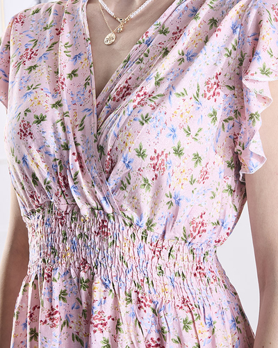 Розовое женское платье-миди с цветочным узором - Одежда