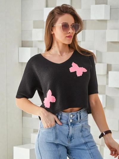 Royalfashion moterų medvilninė trumpa džemperis su drugeliais