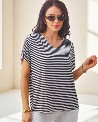 Женская вискозная полосатая блузка с короткими рукавами и блестящей отделкой