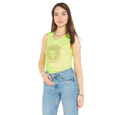 Неоновый желтый топ на бретелях с принтом и цирконами