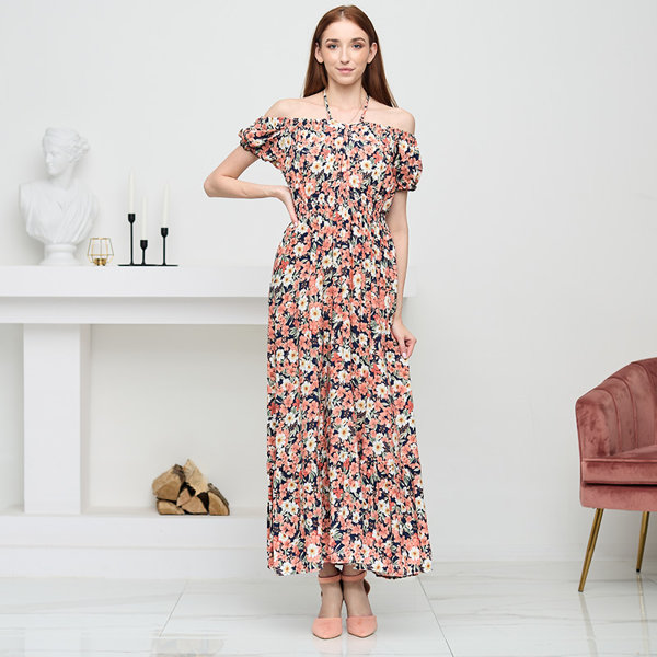 Ilga tamsiai mėlyna moteriška suknelė su koralų gėlėmis - Drabužiai