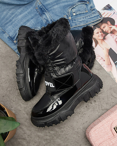 Женские ботинки-снежки на плоской подошве черного цвета Sapollo- Footwear