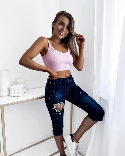 Темно-синие женские джинсовые шорты длиной 3/4 с цирконами - Одежда