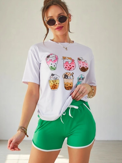 Royalfashion Moteriškas sportinis komplektas su marškinėliais ir šortais Kitty Cat