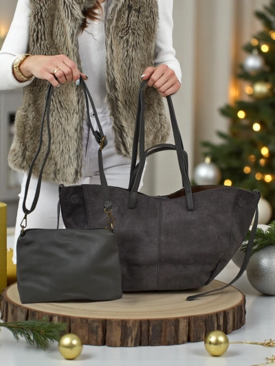 Moteriška pirkinių rankinė eko zomšinė su mažesne eko odine rankine komplekte 2in1 Elinea