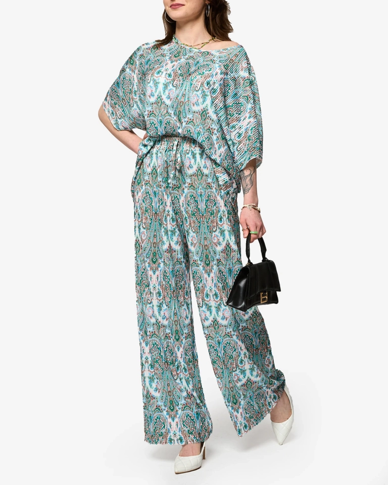 Зелено-белый ребристый женский комплект с принтом - Одежда