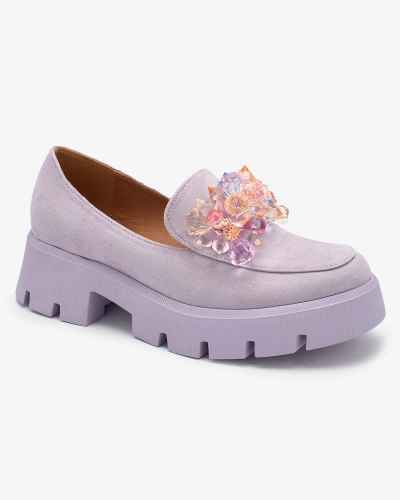 OUTLET Royalfashion Фиолетовые женские мокасины с разноцветными кристаллами Crystal Glam