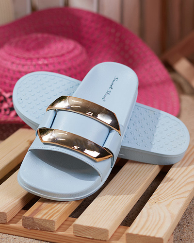 OUTLET Mėlynos spalvos moteriškos šlepetės su auksiniu ornamentu Serina - Avalynė