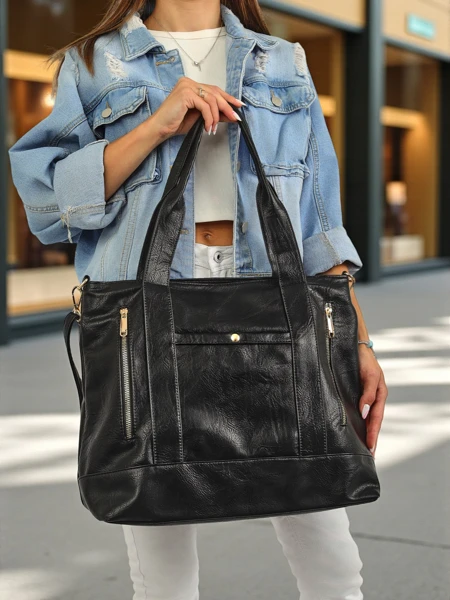 Torebka damska z eko-skóry Nerina – czarna shopperka włoska na zamek