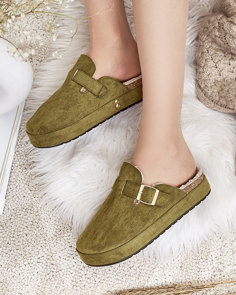 Royalfashion Moteriškos šlepetės su avikailiu ir sagtimi Kajis