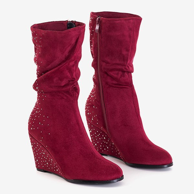 Бордовые женские сапоги на танкетке со стразами Jilli - Обувь