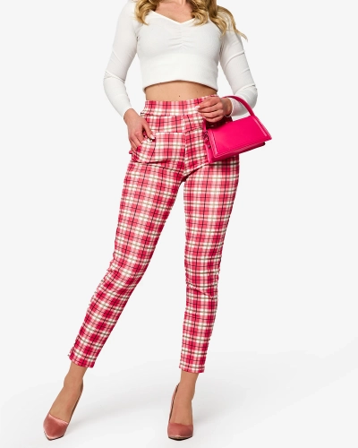 Rožinės spalvos languotos moteriškos tegins kelnės- Drabužiai