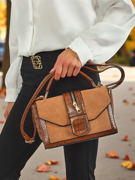 Damska Torebka Callista z ekoskóry zamszowej i skóry patentowej, brązowa