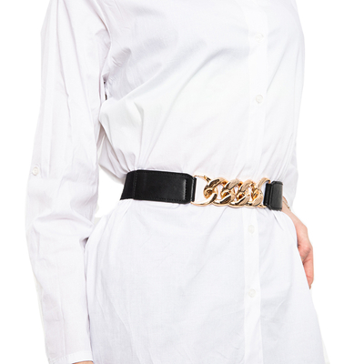 Moteriškas juodas elastinis diržas su auksine grandinėle – priedai