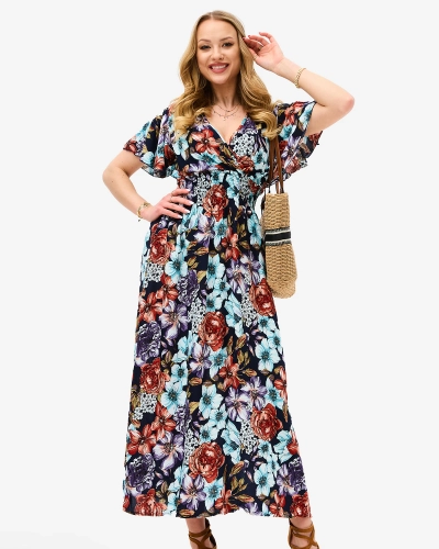 Цветочное темно-синее длинное женское платье - Одежда