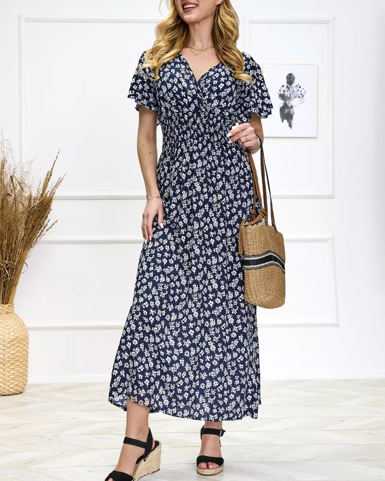 Navy blue moteriška maxi suknelė su gėlių raštais - Apranga