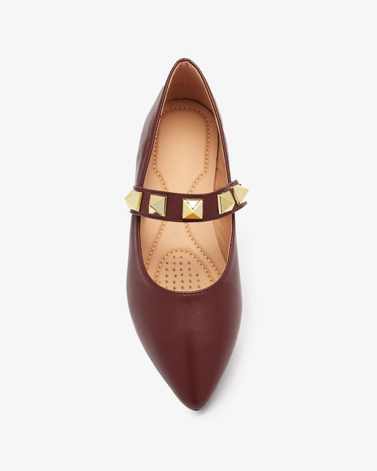 Bordo spalvos moteriški balerinai plokščiu kulnu su kniedėmis Dejika - Avalynė