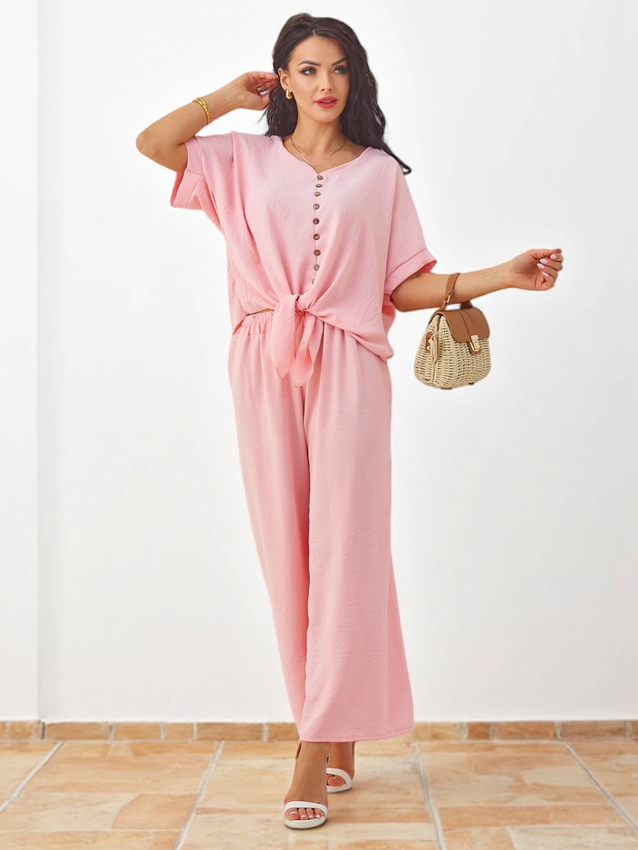 Женский casual комплект Royalfashion с блузой с коротким рукавом и широкими брюками