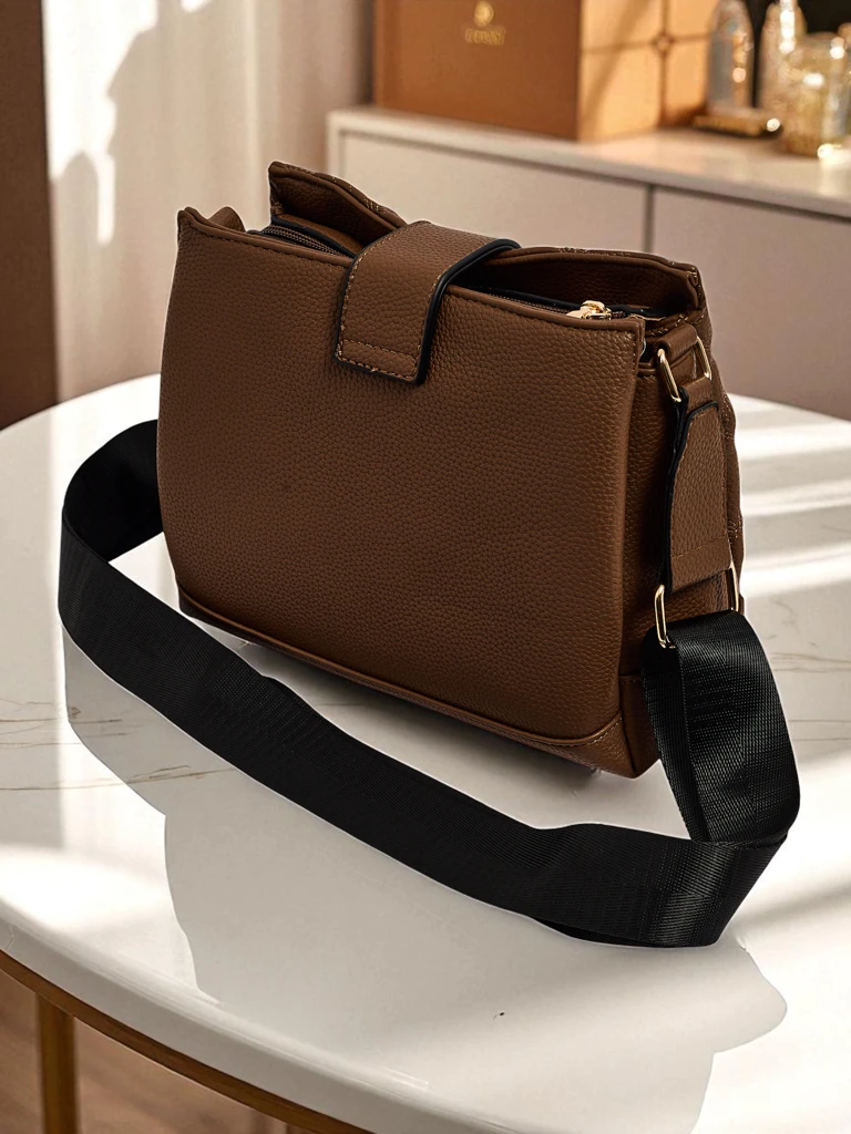 „Aurelia“ rankinė per petį su dygsniais, elegantiška, platus rudas dirželis