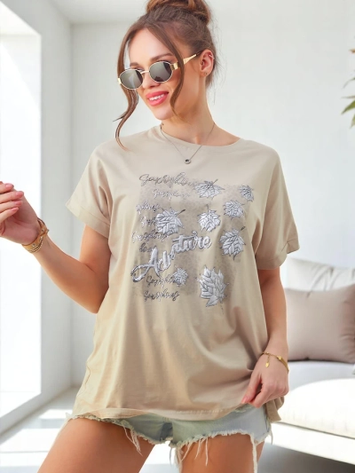 Royalfashion Женская хлопковая футболка с принтом листьев