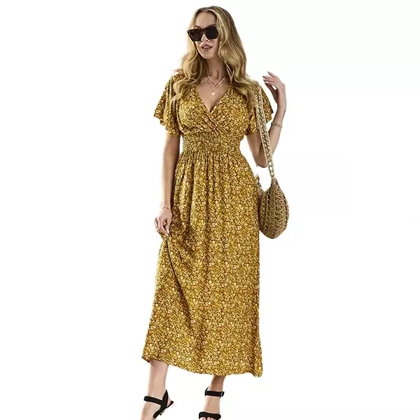 Geltonos spalvos moteriška midi suknelė su mažomis gėlytėmis - Apranga