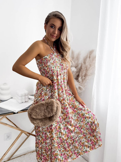 Balta moteriška midi suknelė su gėlių raštu PLUS SIZE - Drabužiai