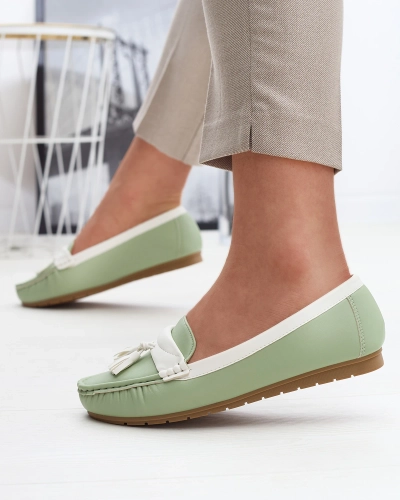 Зеленые женские мокасины с кисточками и белыми вставками Rerata - Обувь