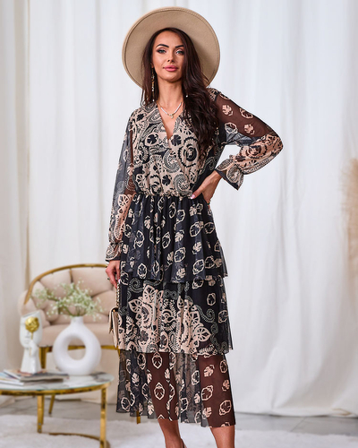 Royalfashion Черно-бежевое платье-миди из сетки с принтом