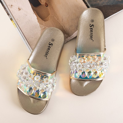 Золотые женские шлепанцы со стразами Halpasi