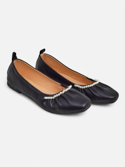 Callisto Nero Balerinas - Black eco-leather balerinas with pearls, flat heel