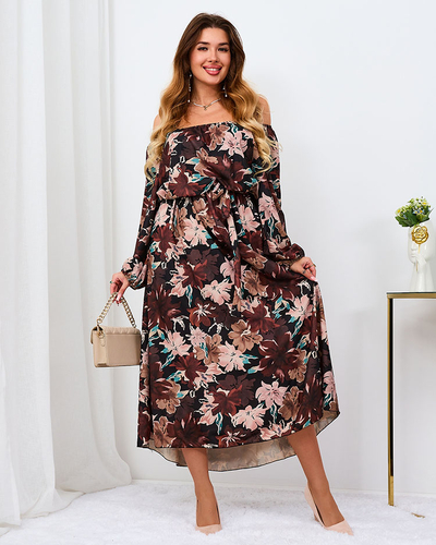 Royalfashion Juodai ruda gėlėta maksi suknelė moterims