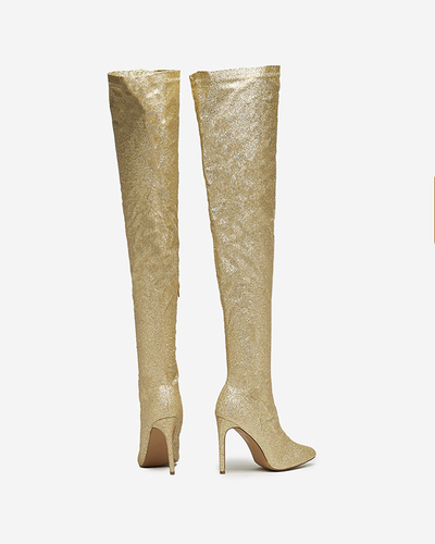 Auksiniai moteriški bateliai virš kelių su blizgučiais Qesda- Avalynė