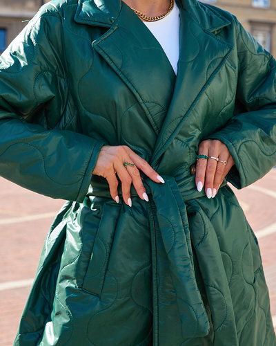 Royalfashion Темно-зеленое женское стеганое пальто с завязками