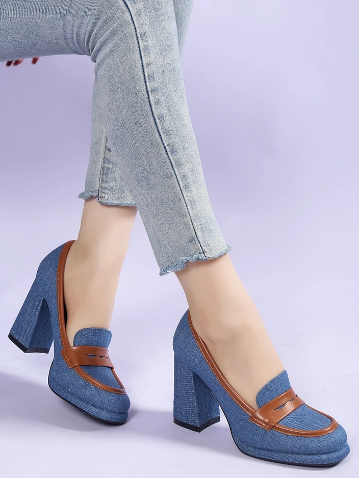 Royalfashion moteriški džinsiniai mokasininiai bateliai ant blokinio kulno Jozenas