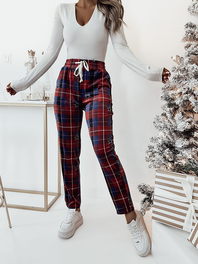 Royalfashion Женские велюровые брюки в клетку красного цвета