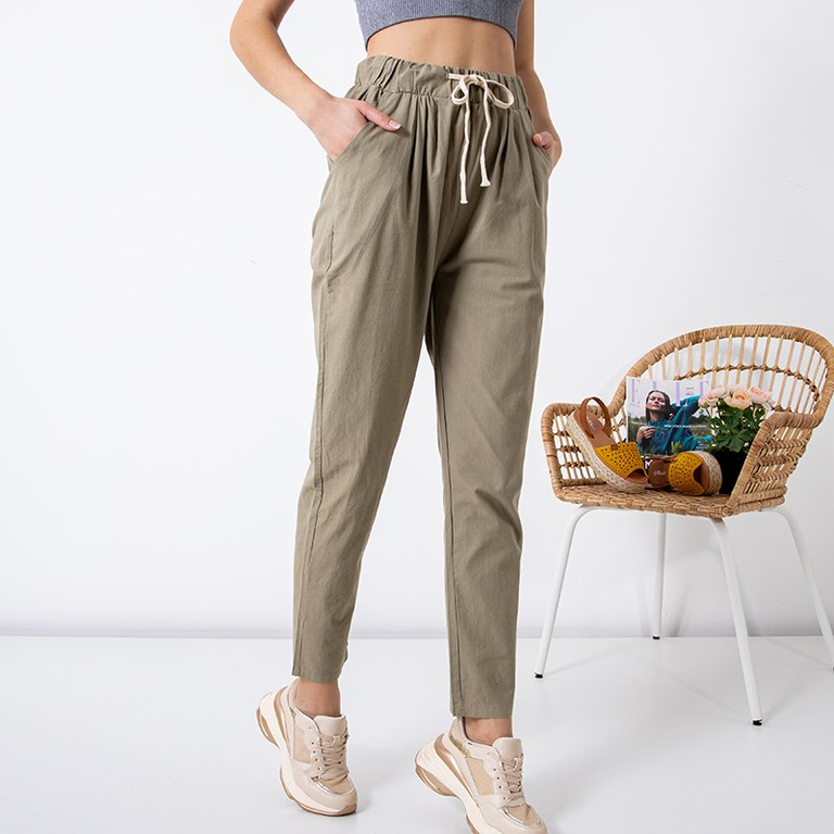 Royalfashion Moteriškos tiesios medvilninės chaki spalvos kelnės PLUS SIZE