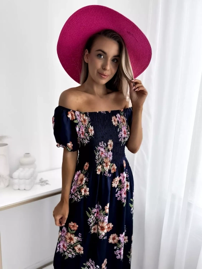 Tamsiai mėlyna moteriška midi suknelė su gėlių raštais - Apranga