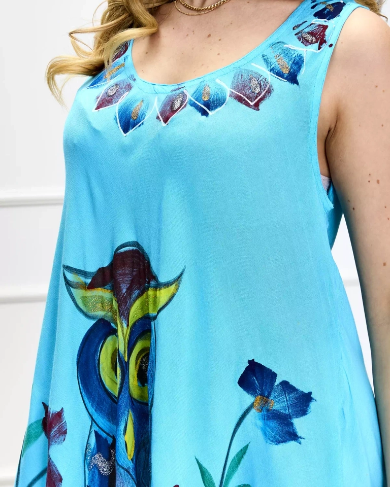 Голубое женское платье-покрывало а'ля с красочным рисунком - Одежда