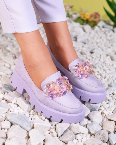 OUTLET Royalfashion Фиолетовые женские мокасины с разноцветными кристаллами Crystal Glam