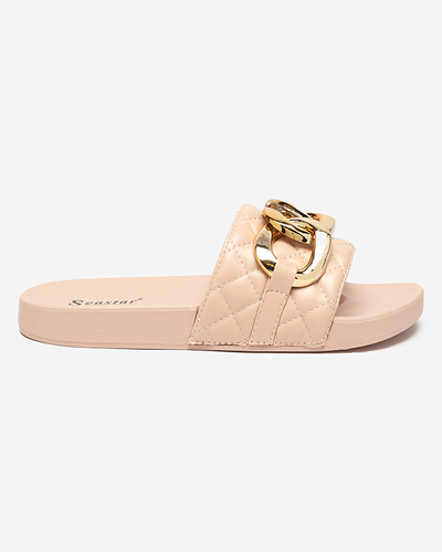 Royalfashion Бежевые женские стеганые шлепанцы с золотой цепочкой Eteris