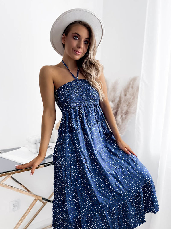 Женское миди-платье в кобальтовый горошек - Одежда