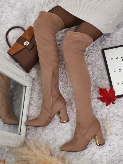 Moteriški ilgaauliai batai virš kelių iš eko zomšos su stulpelio formos kulnu Eldir