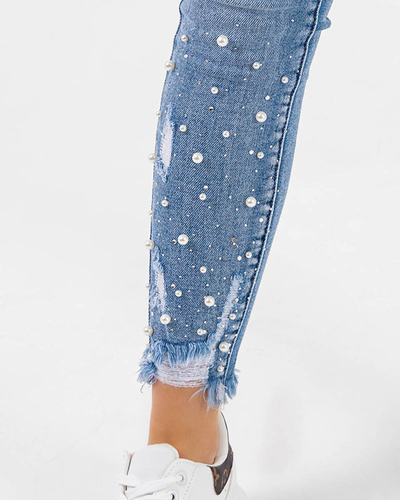 Moteriški mėlyni siauri džinsai su perlais - Drabužiai