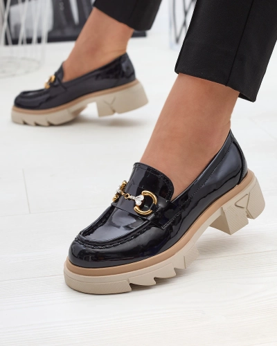 Lakuoti juodi moteriški mokasinai su kristalais Inriw - Avalynė