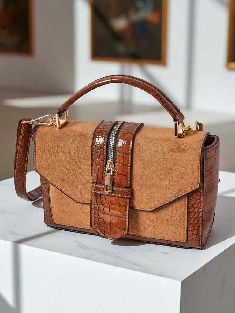 Damska Torebka Callista z ekoskóry zamszowej i skóry patentowej, brązowa